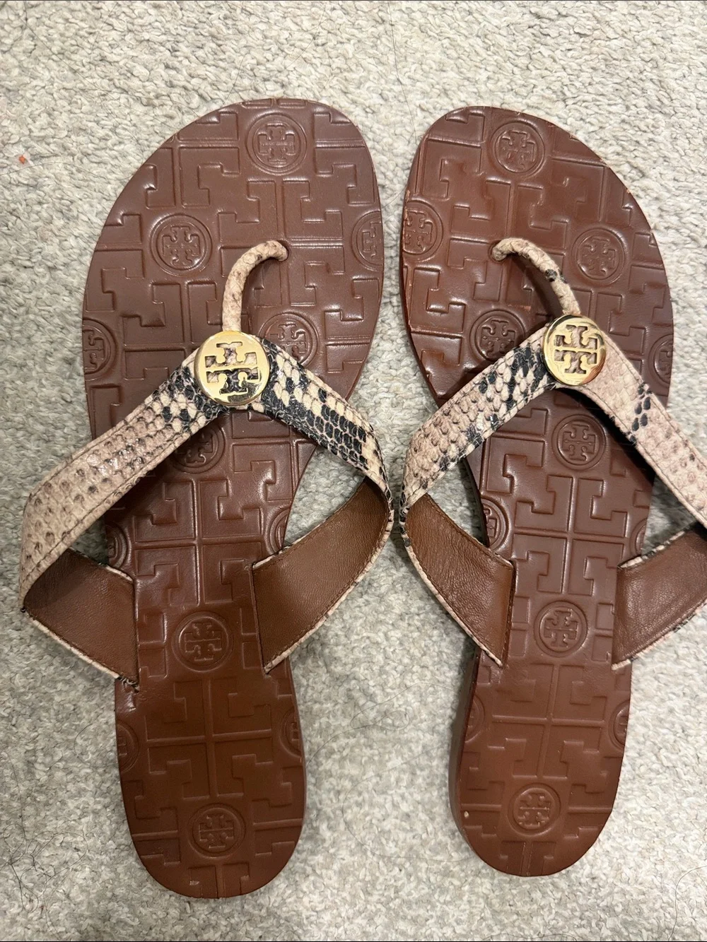 Tory Burch Brown Snake-Print Leather Flip Flops with Gold Accent